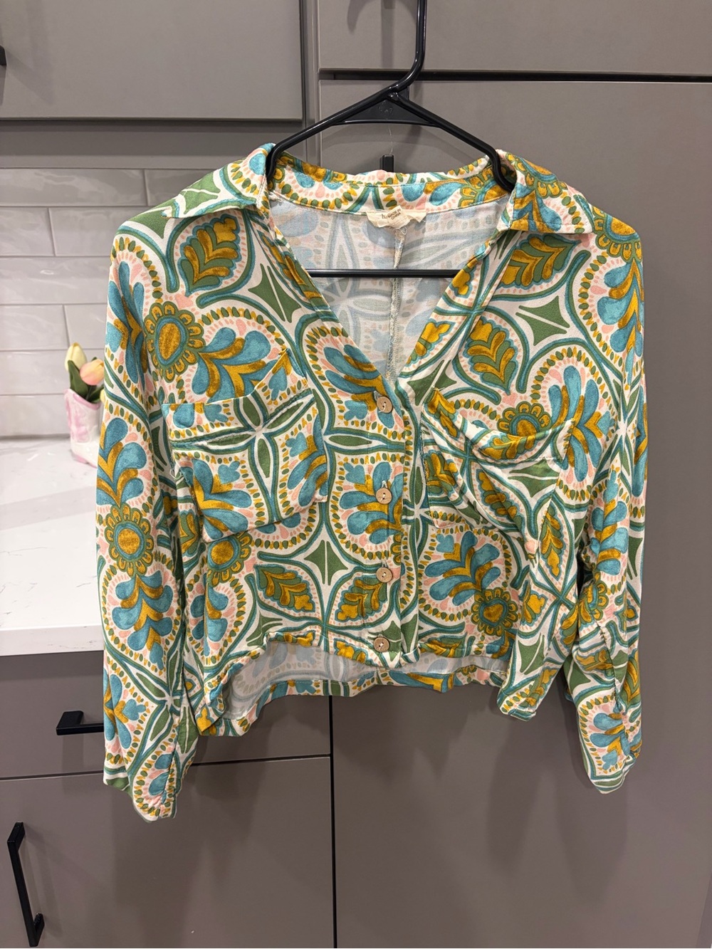 Haute Hippie Green Floral Button-Down Shirt with Yellow & Teal Accents